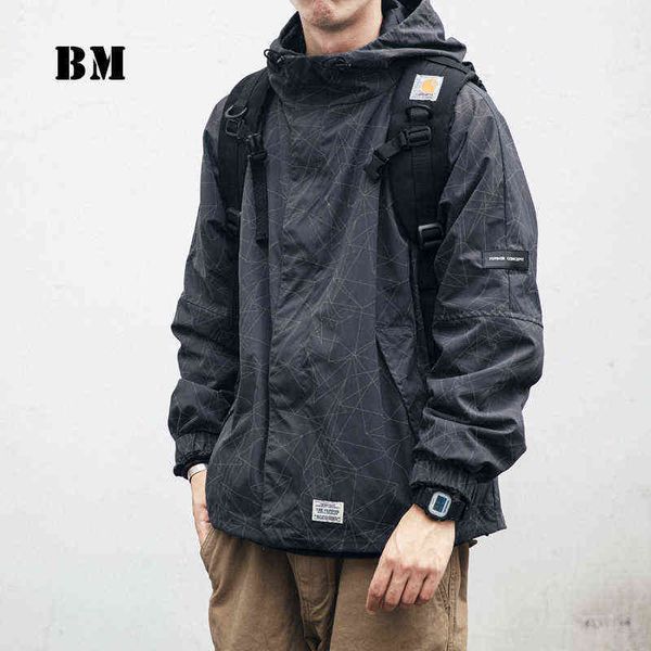 

2022 spring japanese streetwear hoodie storm suit hip hop striped jacket harajuku men's clothing cargo coat male t220816, Black;brown