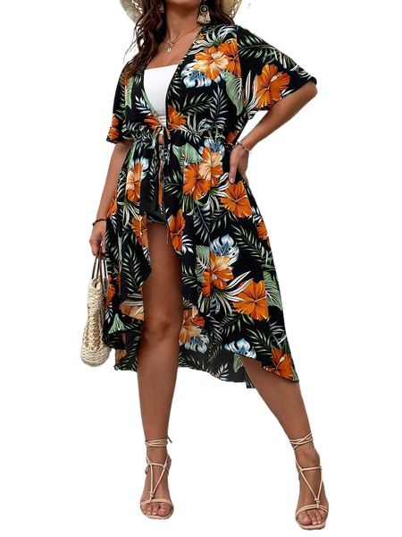 

plus tropical print knot front kimono m4fq#, Black;gray