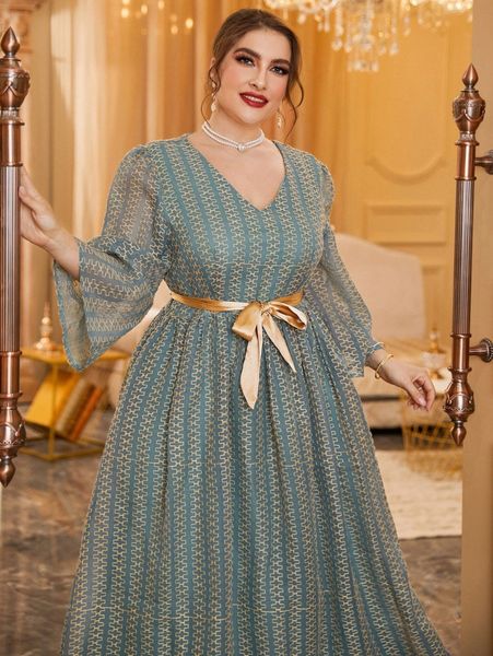 

plus geo embroidery belted maxi dress m9nf#, Black