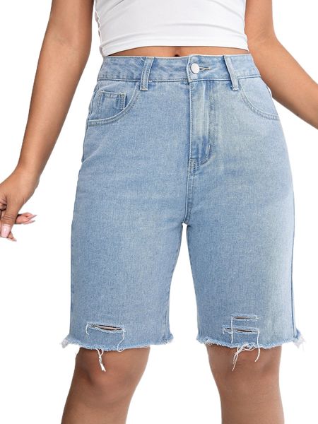 

solid ripped raw hem denim shorts 32zh#, White;black