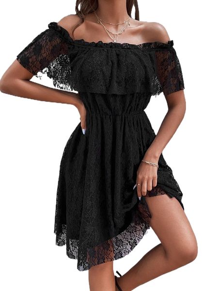 

fold off shoulder lace dress i7d4#, Black;gray
