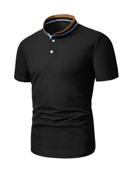 

men contrast trim mock neck polo shirt s691#, White;black