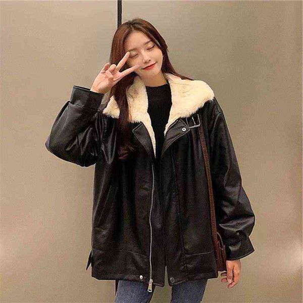 

winter warm artificial leather jacket women's casual loose motorcycle jacket women's street style large coat korean fashion coat l, Black