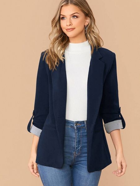 

notched collar roll tab sleeve blazer j47e#, White
