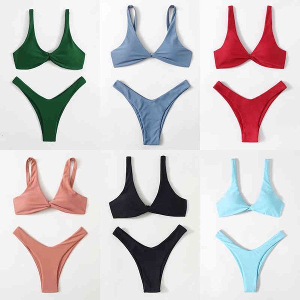 

solid tie bikini 2022 padded bra high leg bandage push up bikini set brazilian swimsuit women swimwear, White