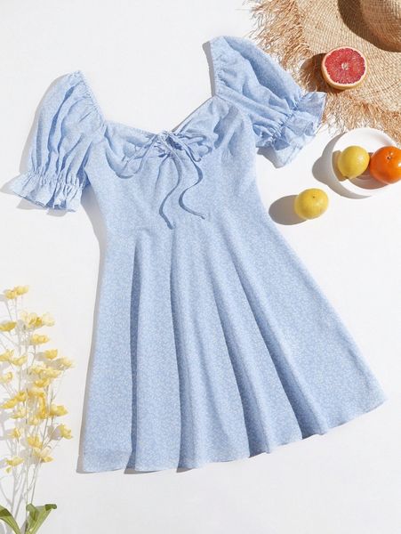 

allover plants print drawstring front ruffle cuff dress e78d#, Black;gray