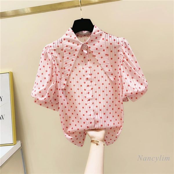 Damenblusen Hemden Polka Dots Puppenkragen Chiffonbluse Frauen Kurzarmhemd weiblich 2022 Sprng Sommerkleidung Puffärmel Junge