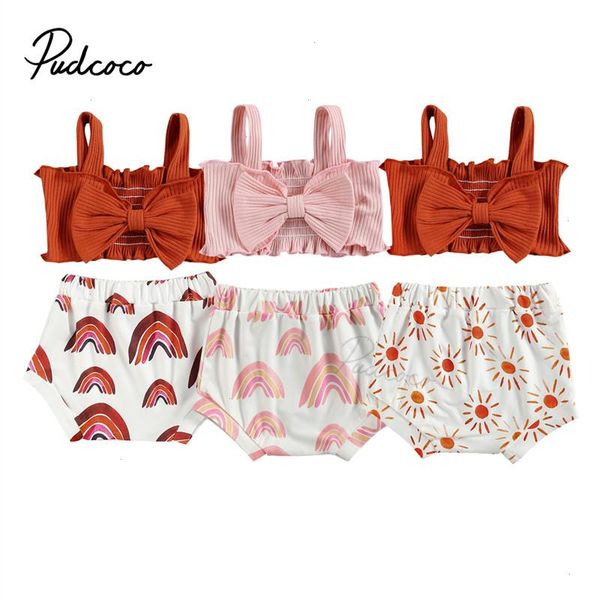 

baby girl 2pcs summer clothes set solid color big bow decoration short ribbed tank with rainbow printed triangle shorts, White