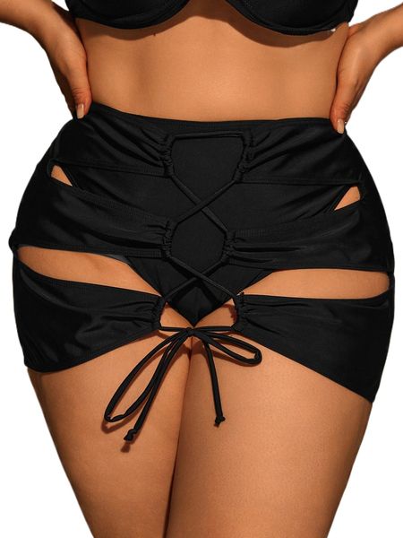 

plus 2pack lace up front cut out bikini bottom r9f2#, Black