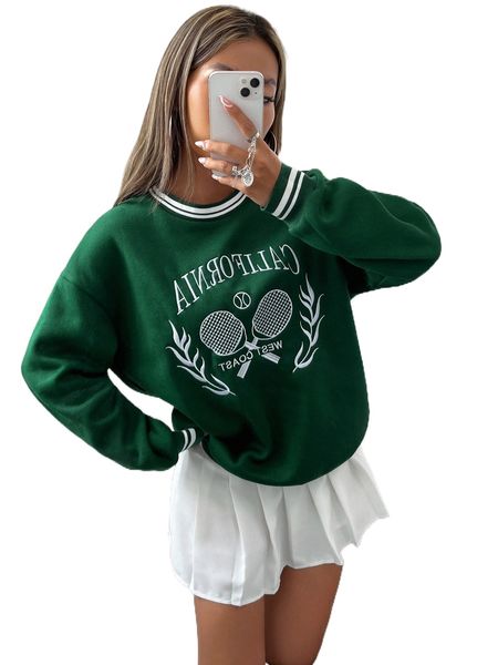 

tennis racket and letter embroidery striped trim sweatshirt b04d#, Black