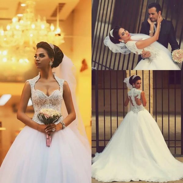 

new style ball gown lace wedding dresses arabic said mhamad sweetheart beaded ed illusion back bridal gowns, White