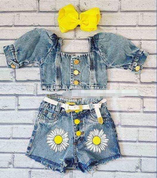 Citgeett Sommer Kinder Mädchen Outfits Anzug Kurzarm Zipper Crop Tops Blossom Print Elastische Taille Denim Shorts Kleidung Set J220711