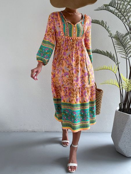 

floral print pom pom detail smock dress o3yw#, Black;gray