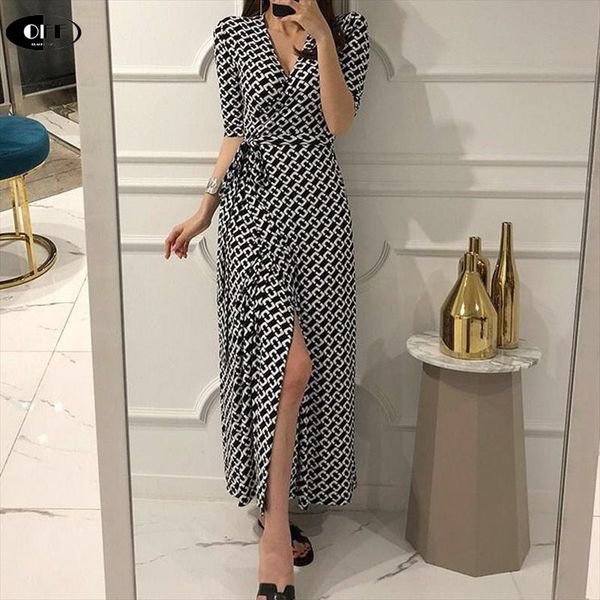 

women summer maxi dress v neck geometric print wrap split long party office ladies high waist beach dresses robe, Black;gray