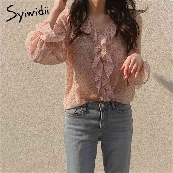 

floral chiffon shirt ruffles casual v-neck chic elegant loose womens and blouses fashion pink yellow 210607, White