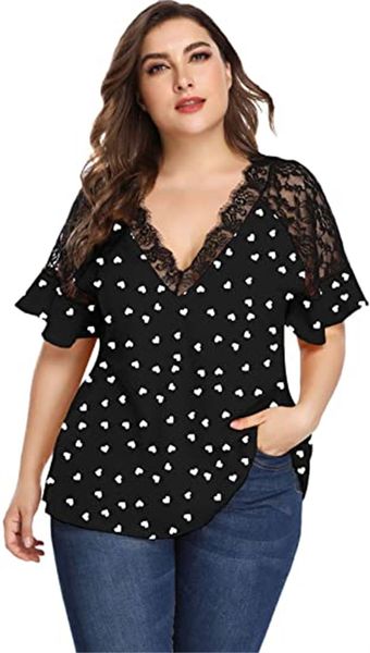 

& tees women's plus-size elegant short sleeve office lace v-neck flounces, White