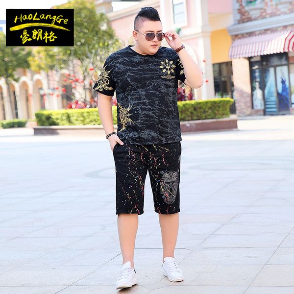 

men's casual shirts designer large men's casual suit fat man plus oversized loose t-shirt two piece set 7xl nt46, White;black