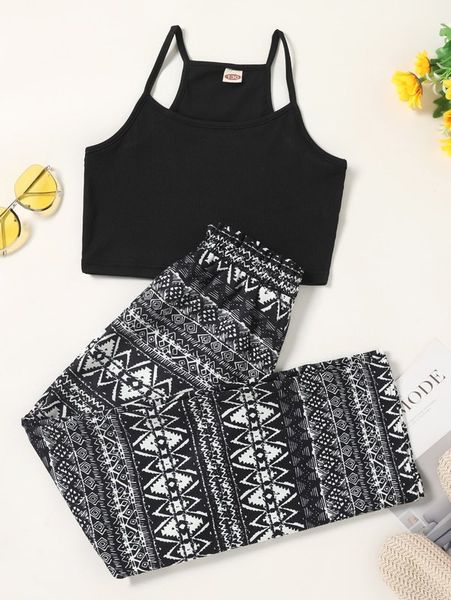 

girls solid cami & geo print paperbag waist pants she, White