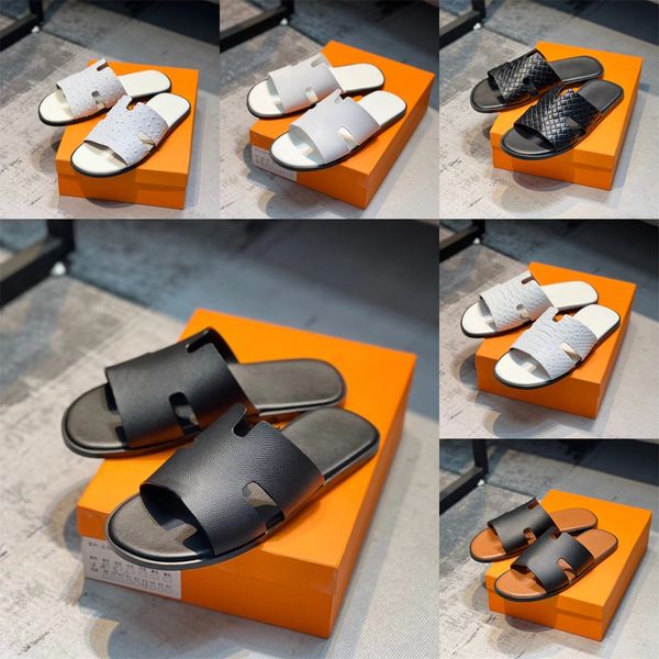 

designer slippers men calfskin slippers flat large slides summer beach sandals lazy scuffs sandal size 38-45 with box, Black