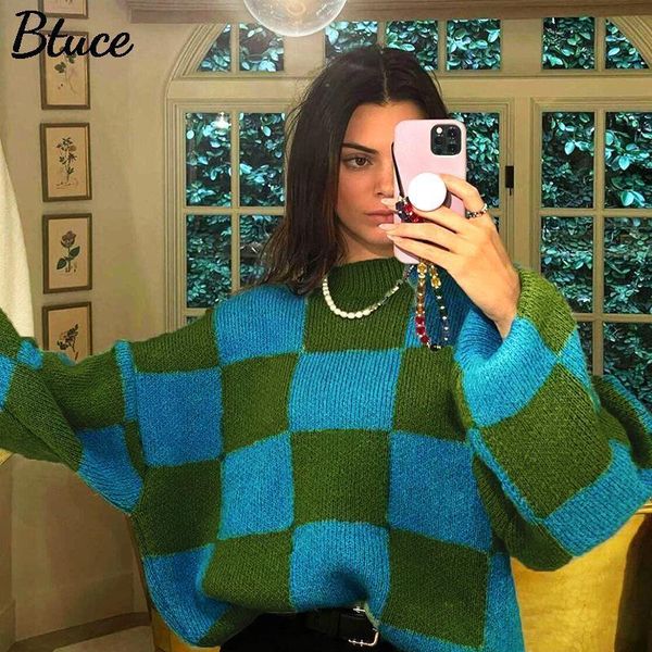

women casual green y2k knitted clothes female plaid print oversized pullover autumn winter long sleeve loose sweater 220816, White;black