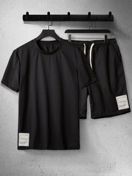 

men patch detail tee & drawstring waist shorts 93nj#, Gray