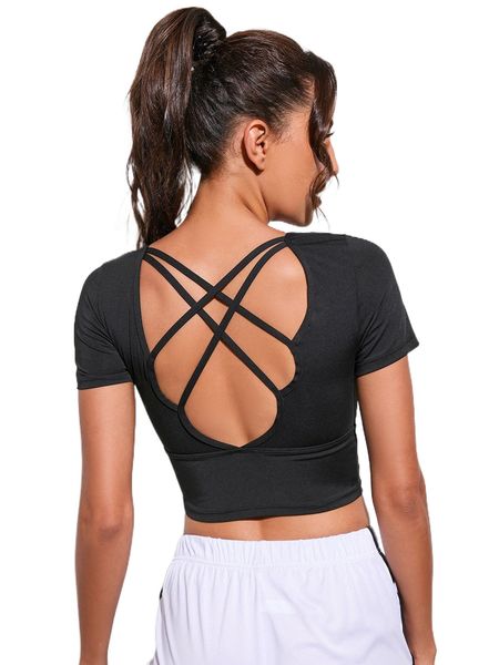 

criss cross backless crop sports tee 73ey#, Gray