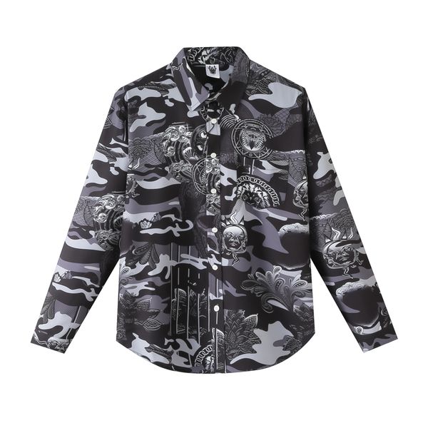

european and american men's wear summer 2022 new long sleeve lapel single breasted palace retro print fashion shirt, White;black