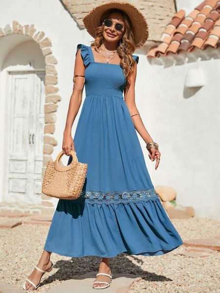 

shirred guipure lace insert ruffle hem dress g6ft#, Black;gray