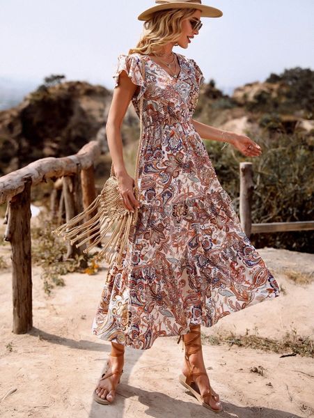 

paisley print butterfly sleeve ruffle hem dress 285n#, Black;gray