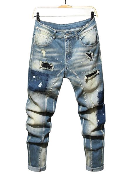 

men splash ink print ripped skinny jeans z9al#, Blue