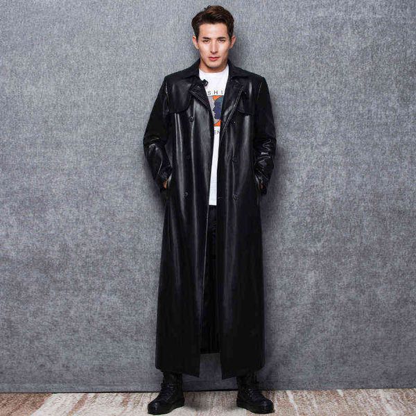 

lautaro long black leather trench coat men long sleeve double breasted spring autumn plus size pu leather mens clothing 6xl 7xl t220728