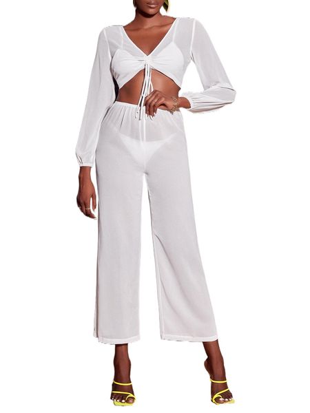 

drawstring lantern sleeve crop chiffon & pants without lingerie w1bv#, White