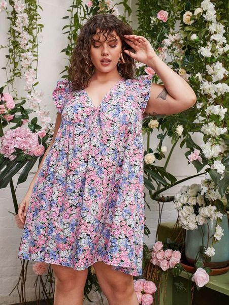 

plus allover floral print ruched bust smock dress t2gg#, Black