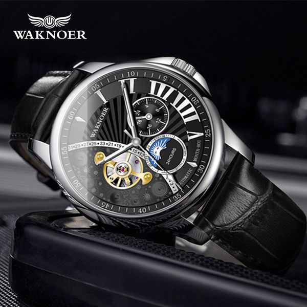 

men's automatic mechanical leather watches brand waknoer relogio masculino wristwatch business hours male montre saati hours, Slivery;brown