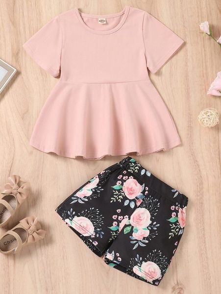 

toddler girls peplum hem & floral print shorts she, White