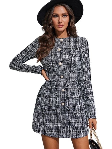 

plaid raw trim dual pocket single breasted tweed dress k2ke#, Black;gray