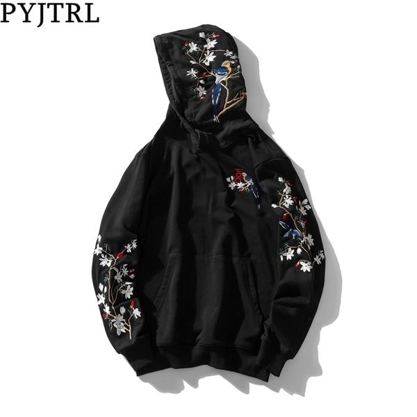 

pyjtrl men fashion autumn chinese style embroidery loose hoodies streetwear hip hop sweatshirts sweat homme clothing 201128, Black