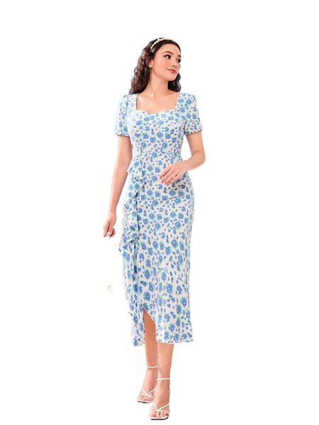 

floral print sweetheart neck puff sleeve ruffle trim dress s45h#, Black;gray
