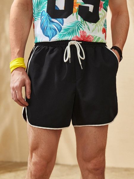 

men contrast binding drawstring waist shorts h94a#, White;black
