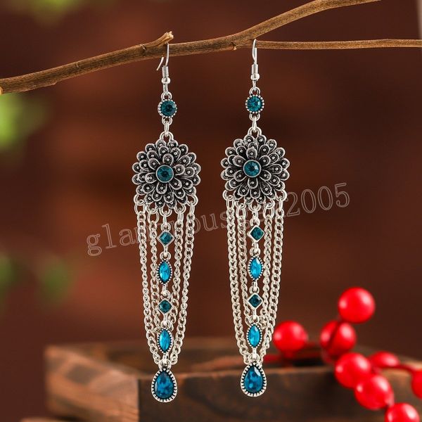 

vintage chain long crystal rhinestone drop tassel dangle earrings for women ethnic flower wedding geometric earrings jewelry, Silver