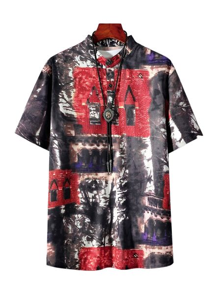 

men 1pc allover print half placket c74p#, White;black