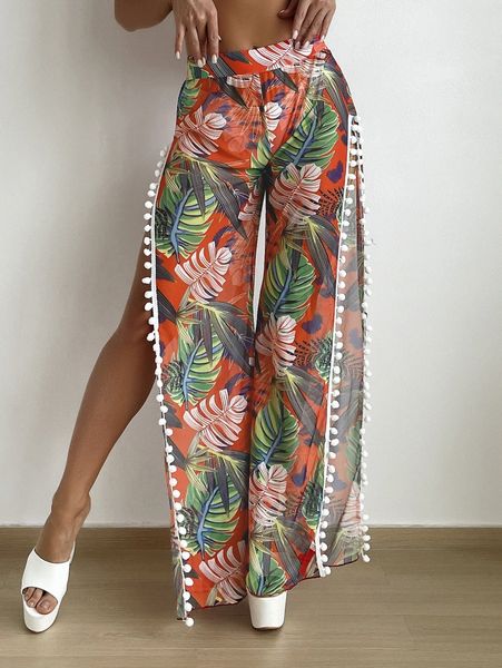 

tropical print pom-pom decor cover up pants l84o#, White;black