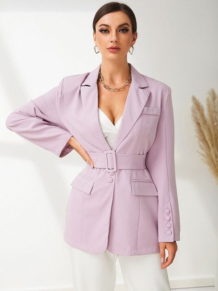 

unique21 single breasted slit back belted blazer h450#, White