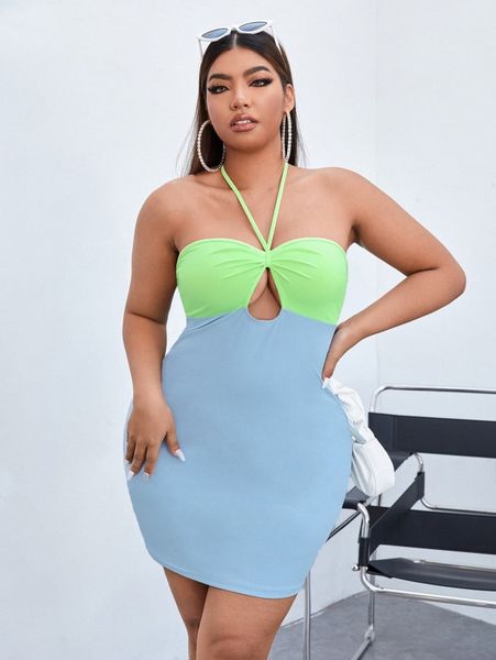 

plus color block cut out backless halter bodycon dress s5lq#, Black