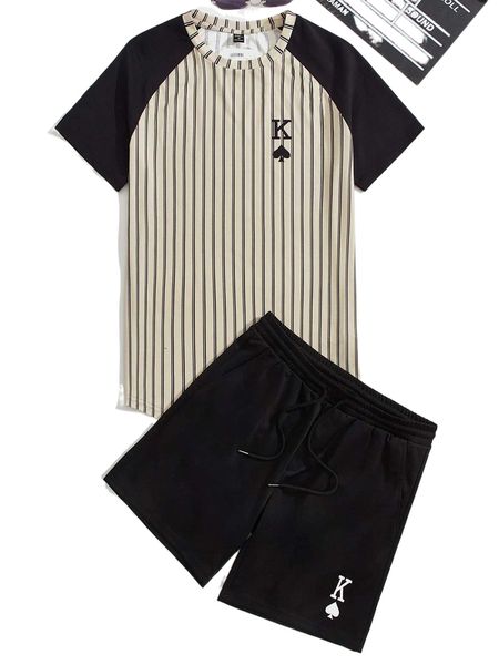 

men raglan sleeve striped & playing card print tee & shorts o6pc#, Gray
