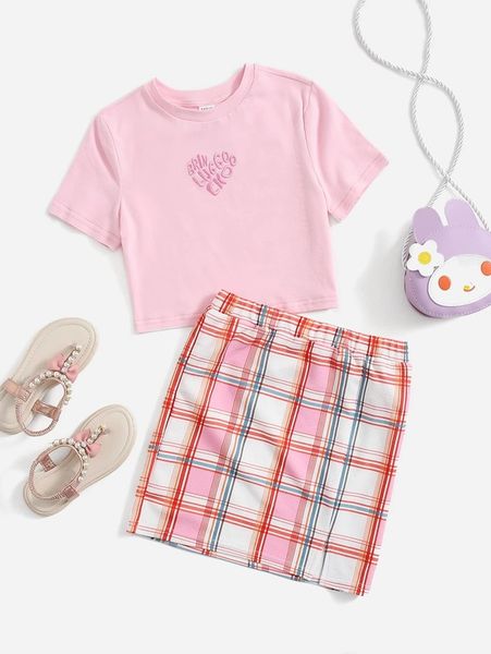 

girls slogan embroidery & plaid skirt she, White