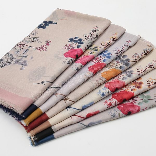 

2022 spring women luxury soft floral fringe viscose shawl scarf lady print wrap muslim hijab 180*85cm, Blue;gray