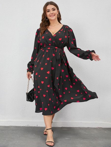 

plus heart print flounce sleeve belted dress s9zr#, Black