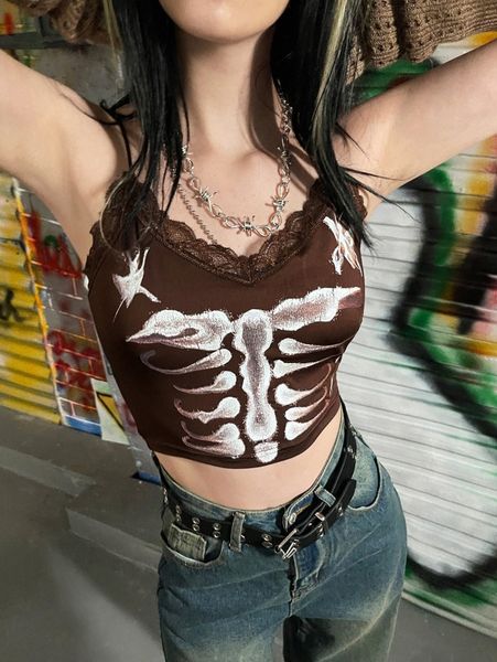 

skeleton print lace insert cami g41j#, White