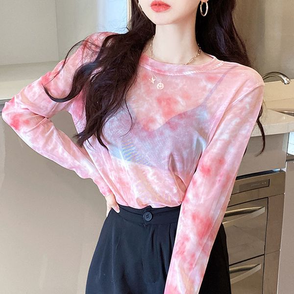 

tie dye long sleeve t-shirts women breathable summer o-neck design mesh sun-proof loose tshirts korean style all-match chic 0613, White